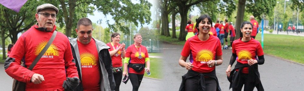 An image shows two photographs merged of runners from the Sunrise City 5k Series. The runners are different ages and genders, and some of the runners are wearing medals after completing the event.